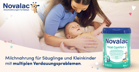 Novalac Total Comfort + Dose neben Baby. Text: Milchnahrung für Säuglinge und Kleinkinder mit Verdauungsproblemen.